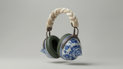Surreal illustration of high-end headphones featuring blue and white porcelain seashell earcups and a braided fiber headband.