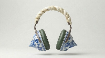 Surreal illustration of high-end headphones featuring blue and white porcelain seashell earcups and a braided fiber headband.