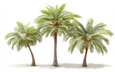 Obraz premium Three palm trees, various heights, leafy, against a clean white background