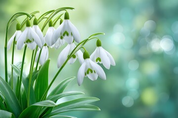 Obraz premium Snowdrop flowers blooming in spring with bokeh background