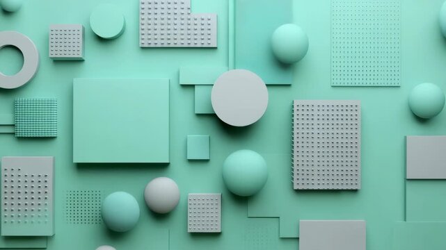 Clean abstract background with raised geometric shapes including spheres cubes and textured surfaces in mint green and light gray colors