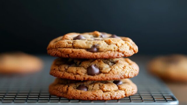 Three golden brown chocolate chip cookies stacked on a cooling rack with visible chocolate pieces against a dark blurred background showcasing fresh baked deliciousness