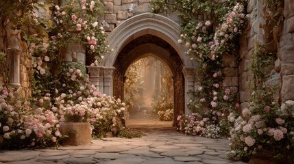 Obraz premium A medieval castle courtyard grand floral archway ivy-covered stone walls dreamy garden, soft pink golden hues, subtle fantasy elements, elegant whimsical, romantic blurred stone path 
