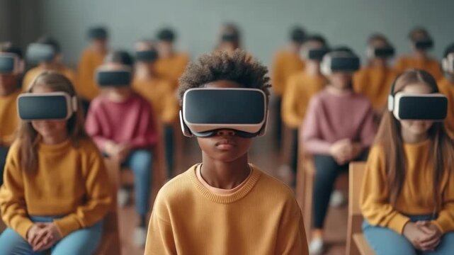 A group of diverse young students actively participates in an immersive virtual reality lesson within a modern classroom environment, learning advanced digital concepts for the future of education