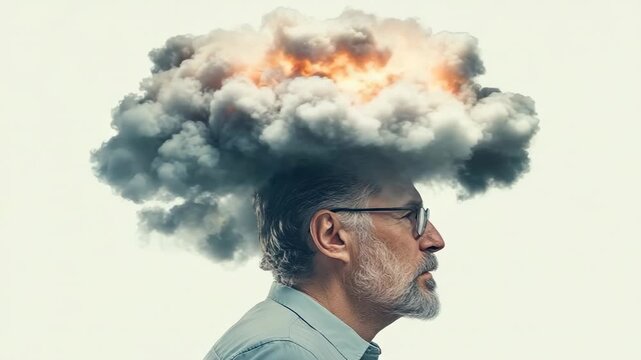 Man with gray beard and glasses in profile view showing stress with an explosion of smoke from his head