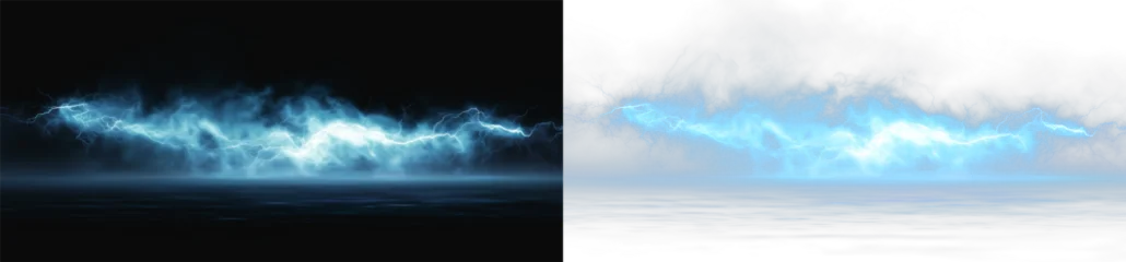 Fotobehang Fractal waves Lightning, electric, bolt, flash with dramatic storm energy in PNG format, perfect overlay for transparent PNG art, adding lightning, electric, bolt power to dynamic and bold designs overlay effect  © Alehandro