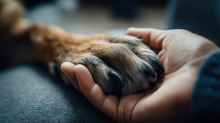 Dog paw in human hand showing empathy, terminal care, animal loyalty, canine comfort during disease recovery