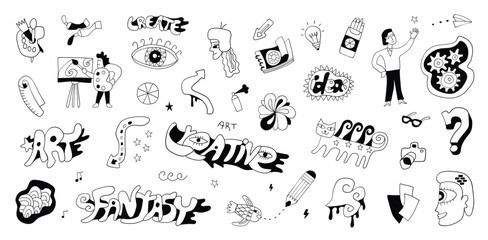 Art tools doodles , funny creative sign and symbol drawings vector collection