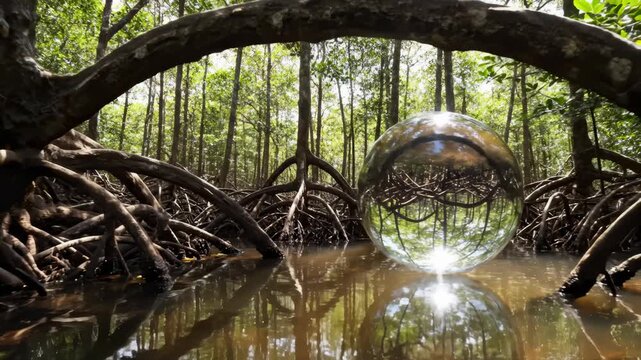 Crystal Ball Reflects Lush Mangrove Forest Environment Near Water