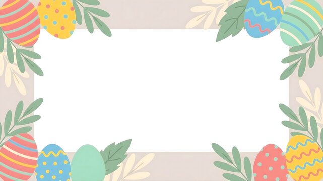Colorful illustrated border design featuring brightly decorated easter eggs and soft green foliage surrounding a central blank space for text or announcements.