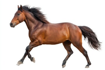 Majestic brown horse galloping with grace against white background