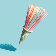 Colorful straws in a waffle cone, suspended against a bright blue backdrop