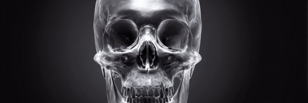 Monochrome human skull x-ray: front view of anatomical bone structure