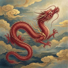 Obraz premium 赤龍が金の雲をかき分けて上昇するイラスト