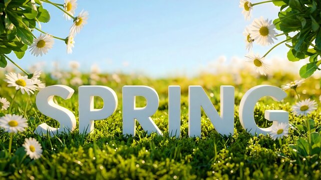 White three dimensional letters spelling out the word spring nestled in lush green grass surrounded by bright white daisy flowers under a clear blue sky.