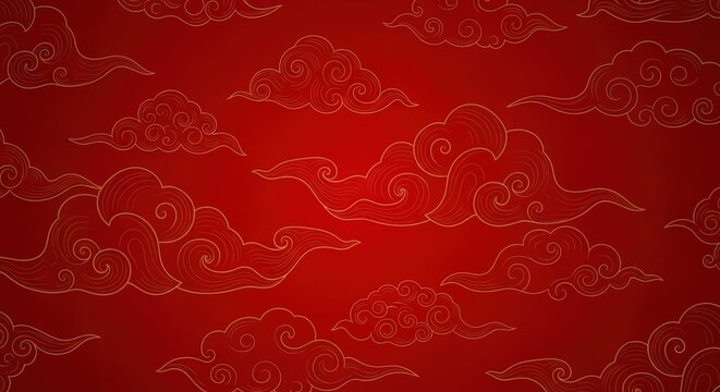 Vibrant red background with traditional Chinese auspicious cloud patterns in a seamless, elegant design.