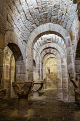 Interior of the ancient romanesque crypt of the Monastery of San Salvador of Leyre at Yesa, Navarre, Spain