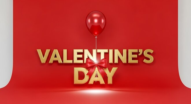 Valentines day celebration with golden text and red balloon