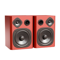 Fototapeta premium Pair of modern red 3-way stereo speakers. Studio monitors for professional audio systems - Minimalist high fidelity home theater loudspeakers - 3d illustration.