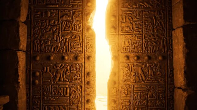 Light shines through ancient stone temple entrance doors at night