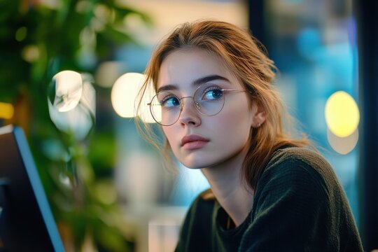 A young woman with round glasses looks away with a pensive expression, deep in thought within a blurred modern indoor setting.