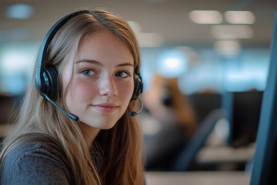 A young woman smiles while wearing a professional headset with a microphone in a modern office setting, ready to provide customer support and service.