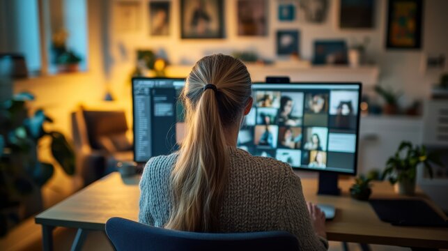 A woman with a ponytail sits at her desk, engaged in a video conference on one computer screen and working on another monitor in her home office.