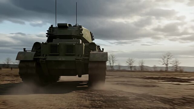 Maneuvering armored vehicle on dusty terrain with dramatic sky tank armored vehicle military, tracked vehicle.