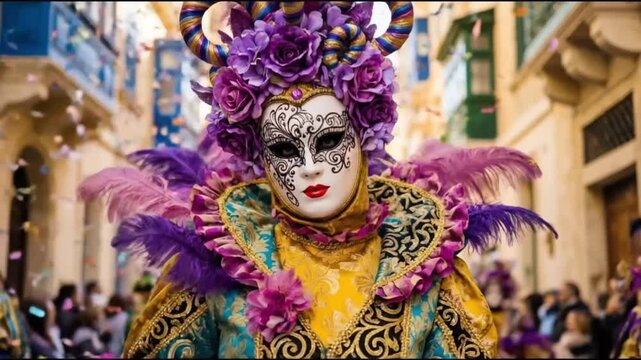 Striking Malta carnival costume. Performer in gold-purple ruffled gown, white mask with intricate design, purple feather horns headdress amid fellow revelers on historic street