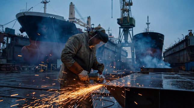 Shipyard Worker Grinding Steel Plate with Large Cargo Ships in Background