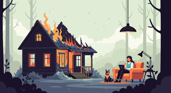 Woman calmly works on laptop beside burning house with dog