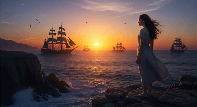 Woman gazes at sailing ships on the sea at sunset