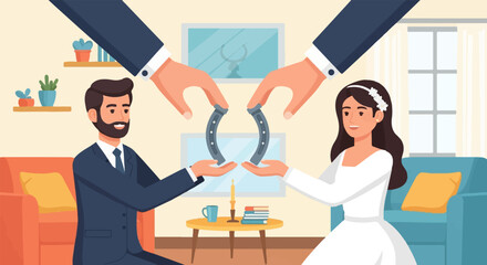 Wedding ceremony with couple exchanging horseshoe symbols of good fortune