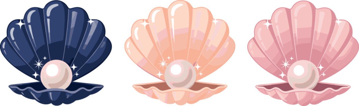 Set of beautiful open seashells with shiny pearls inside in different colors