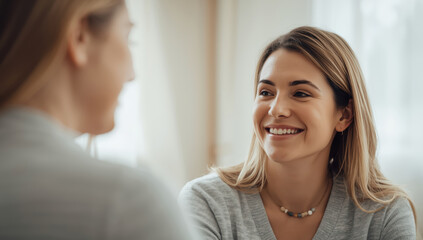 Fototapeta premium Smiling woman listening attentively during counseling session, warm supportive atmosphere