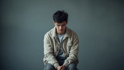 Fototapeta premium Young man sitting with head bowed in contemplative mood, muted studio background
