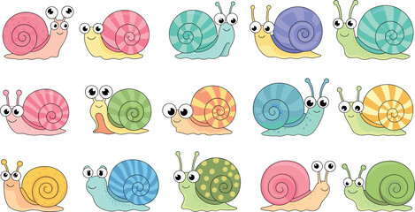 Set of cute colorful snail characters with various shell patterns © MdSoleman