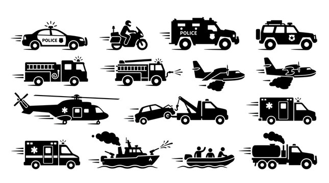 Emergency Response Vehicle Icon Set � Police, Fire, Ambulance And Rescue Transport Symbols For Life-Saving Operations On White Background