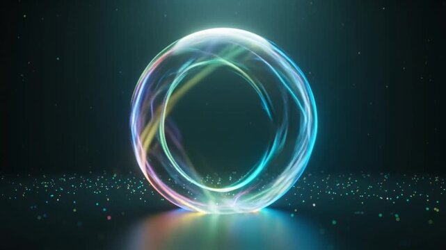 4K video, abstract glowing spheres collide explode multicolor particles, particles flow recombine geometric shapes tetrahedrons spirals, dark cinematic volumetric lighting, reflective floor, hypnotic