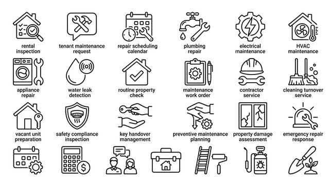 Outline Rental Property Maintenance Line Icons � Landlord and Property Management UI