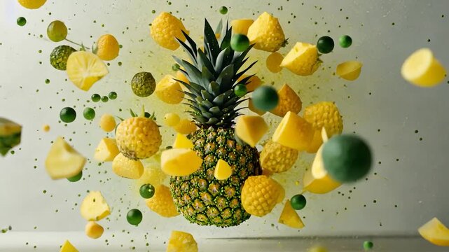Colorful fruit pieces in mid-air, exploding from a central pineapple
