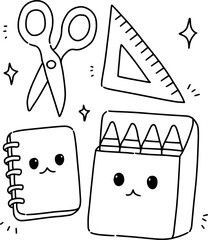 Cute kawaii stationery doodle set featuring smiling notebook crayons scissors and school supplies in hand drawn style