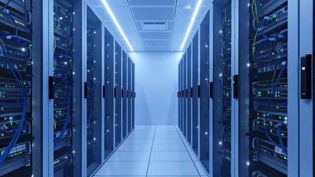 Data Center Server Room with Rows of Computer Servers.