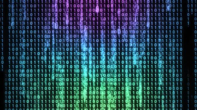 Digital streams of blue, purple, and green binary code cascade down
