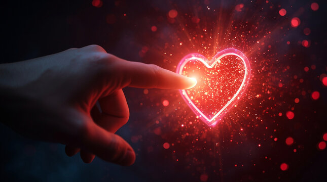 Glowing red digital heart touched by human finger on dark background, futuristic love and emotion concept, technology and connection symbol, abstract light particles, modern romantic design