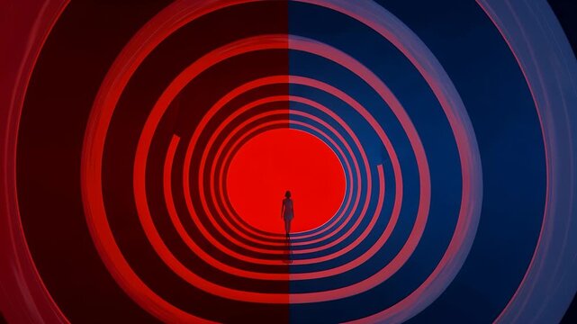 Silhouette Walking In Red Blue Split Hypnotic Tunnel Portal