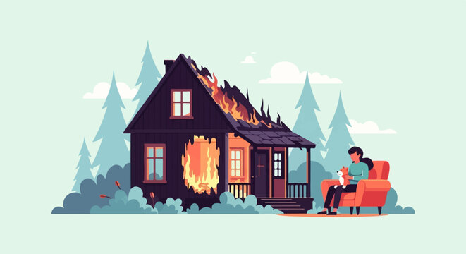 Woman with dog in armchair watches her house burn down