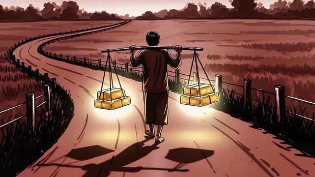 Man Carrying Gold Bars on Shoulder Yoke Walking Rural Road Illustration
