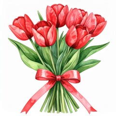 Fototapeta premium Watercolor Bouquet of Red Tulips with Green Leaves and Pink Ribbon