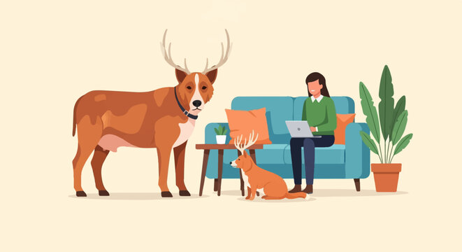 Woman on sofa with laptop, two deer-like animals in room